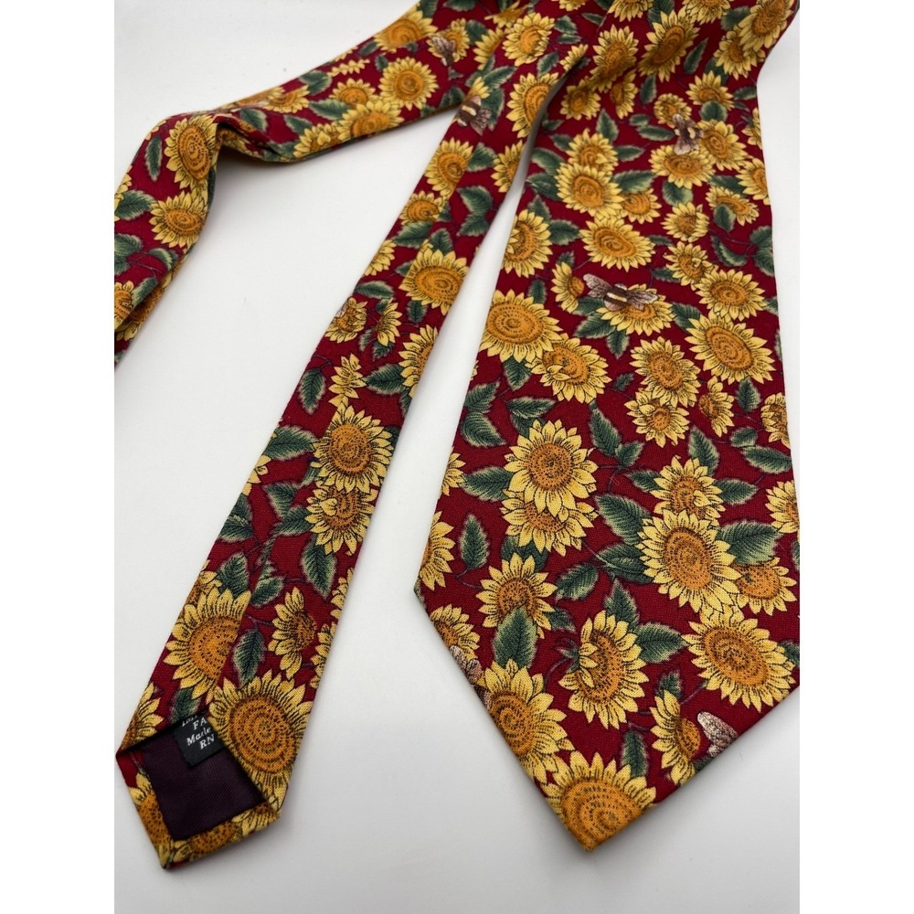 Tango by Max Raab Mens Sunflower Bumblebee Cotton Necktie Red Yellow Floral USA